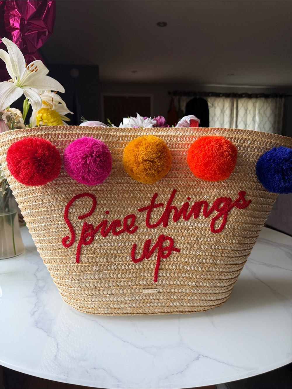Kate Spade Straw Tote with Red Sequin Script Spice Things Up NWT